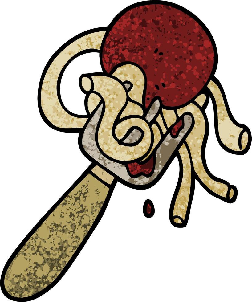 grunge textured illustration cartoon spaghetti and meatballs on fork vector