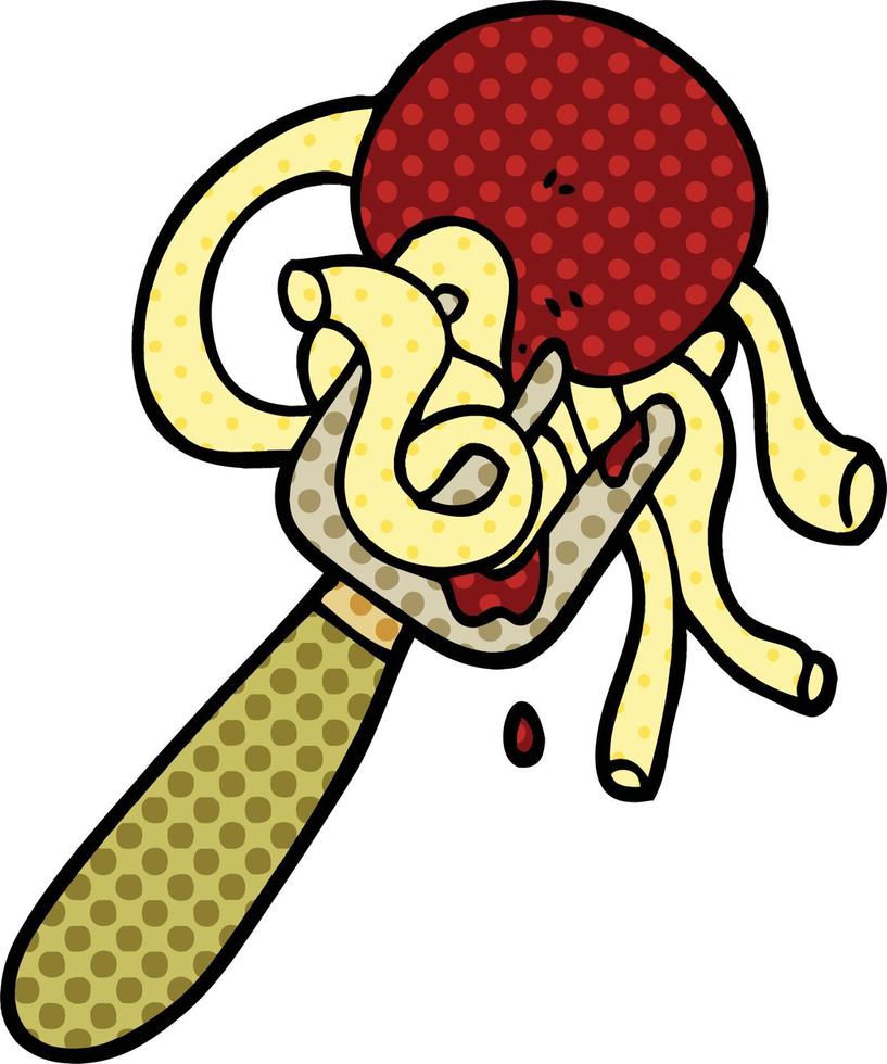 comic book style cartoon spaghetti and meatballs on fork vector