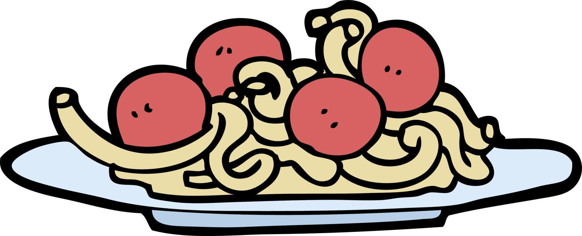 espaguetis y albóndigas de dibujos animados estilo garabato dibujados a mano vector