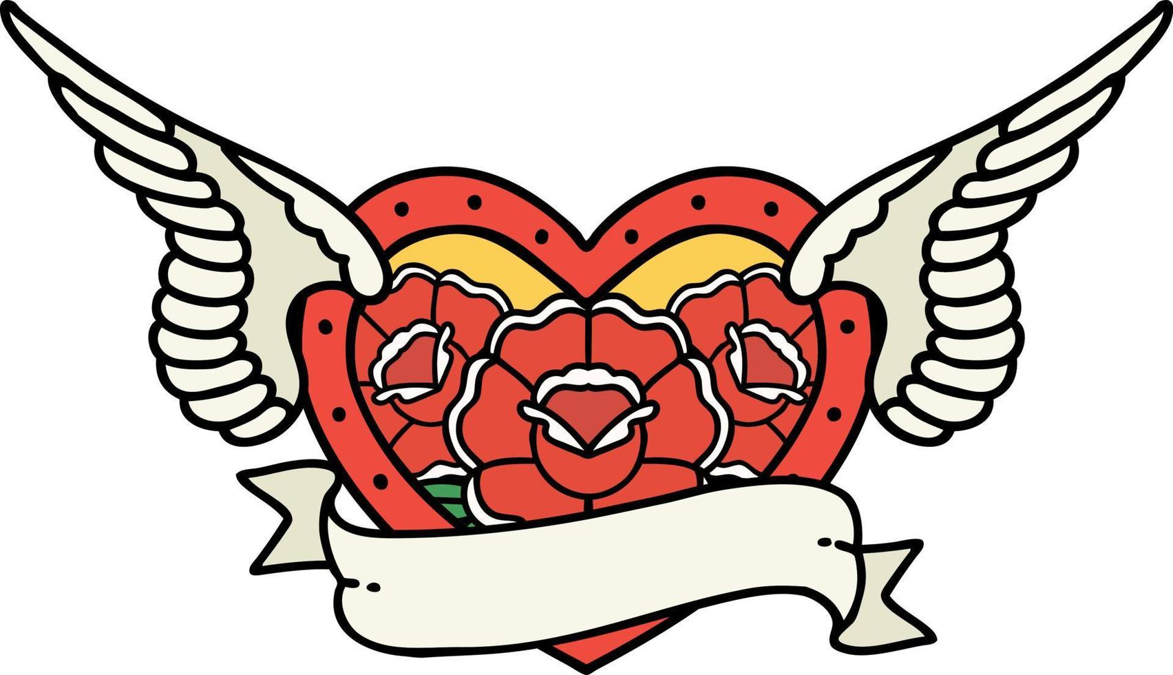 traditional tattoo of a flying heart with flowers and banner vector