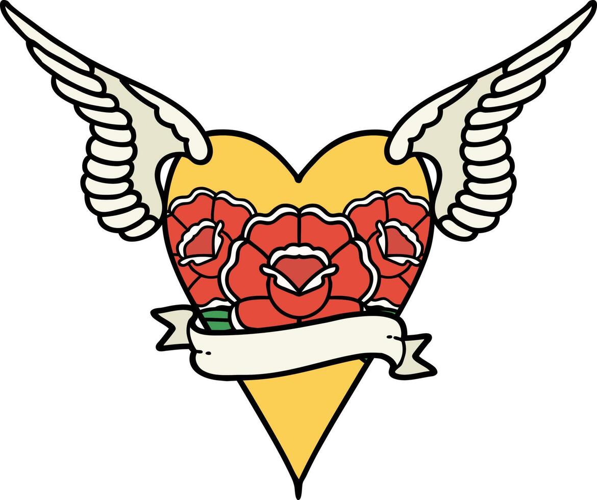 traditional tattoo of a flying heart with flowers and banner vector