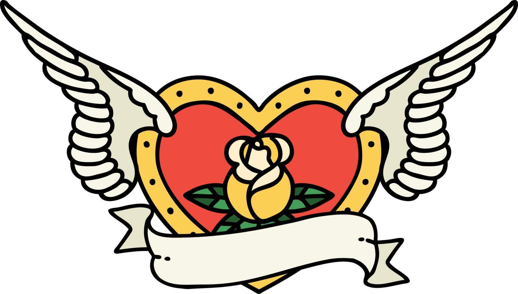 traditional tattoo of a flying heart with flowers and banner vector