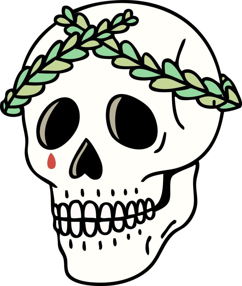 tatuaje tradicional de una calavera con corona de laurel vector