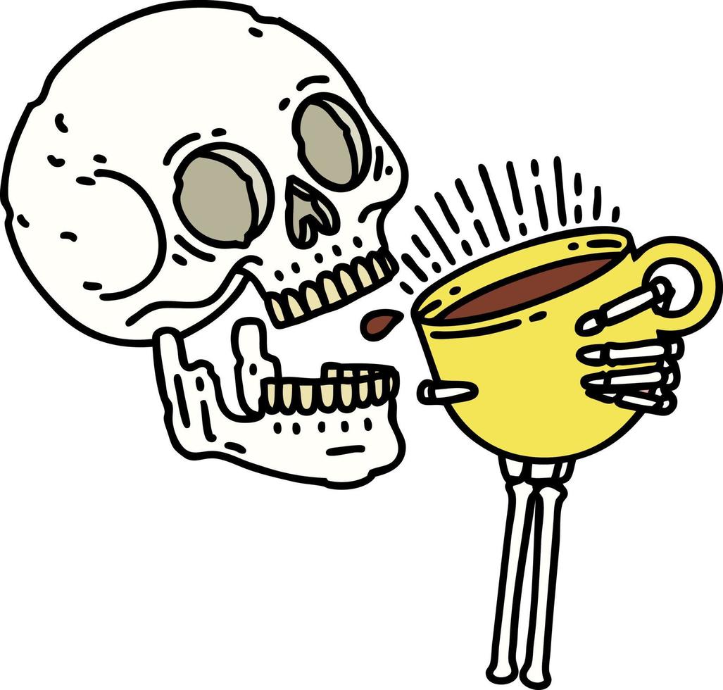 tatuaje tradicional de una calavera bebiendo café vector