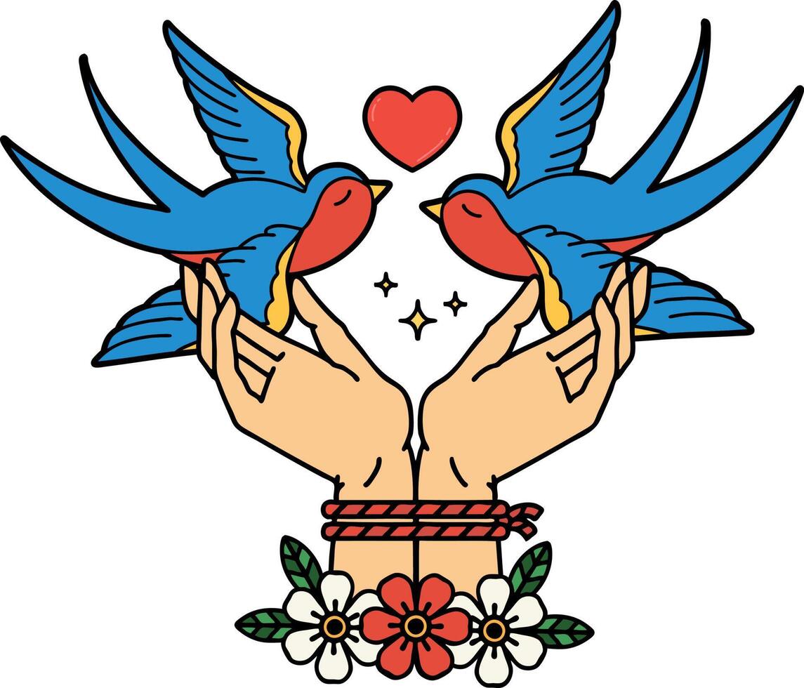 traditional tattoo of a tied hands and swallows vector