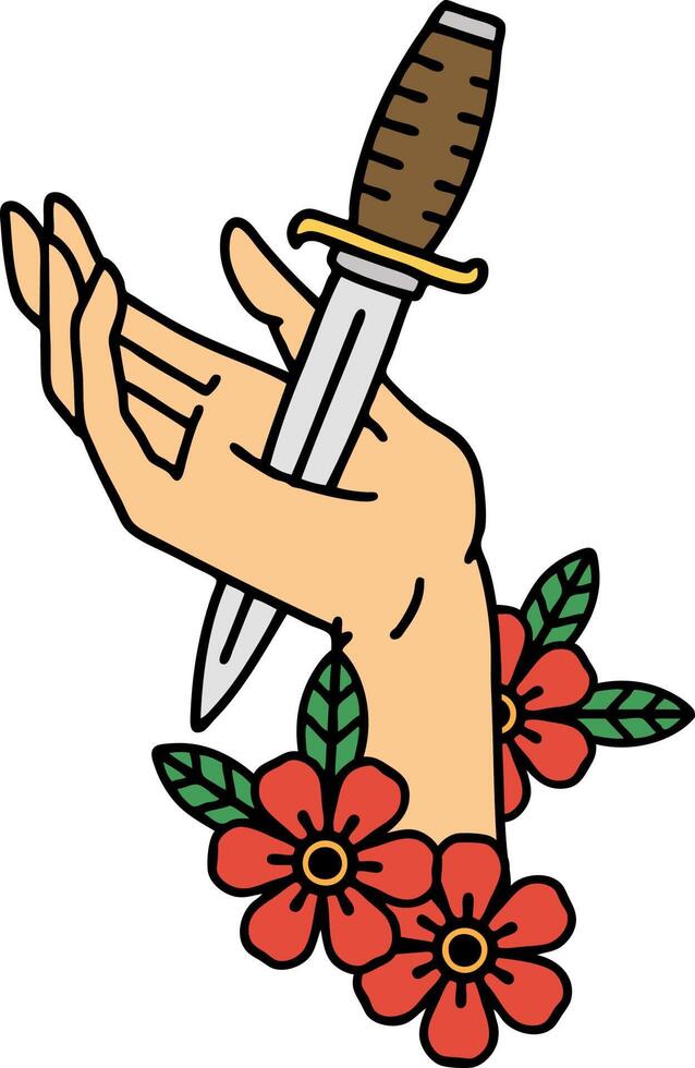 traditional tattoo of a dagger in the hand vector