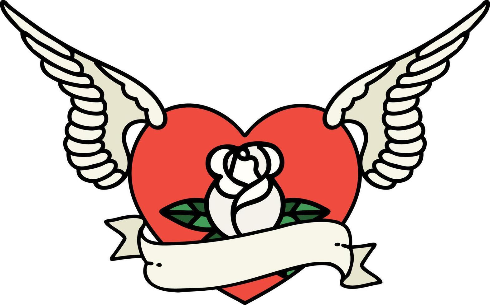 traditional tattoo of a flying heart with flowers and banner vector