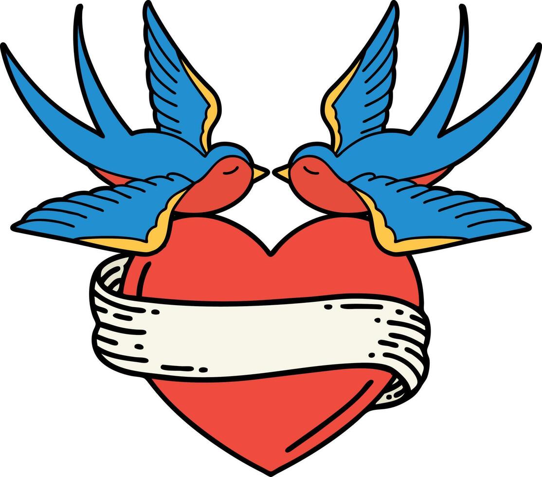 traditional tattoo of a swallows and a heart with banner vector