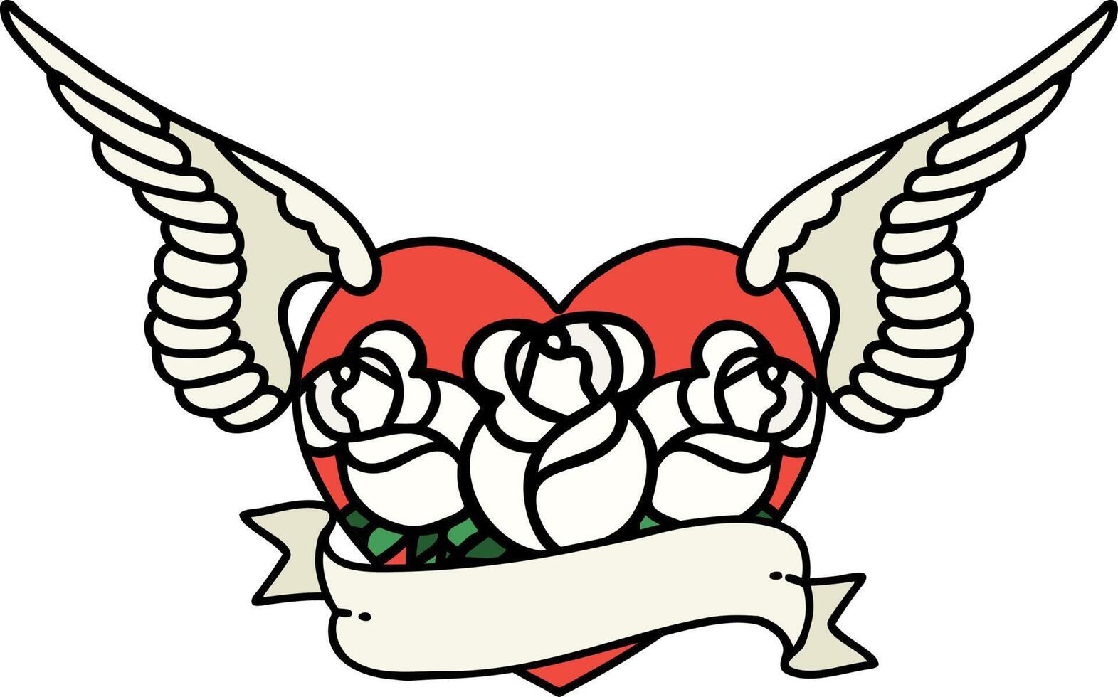 traditional tattoo of a flying heart with flowers and banner vector