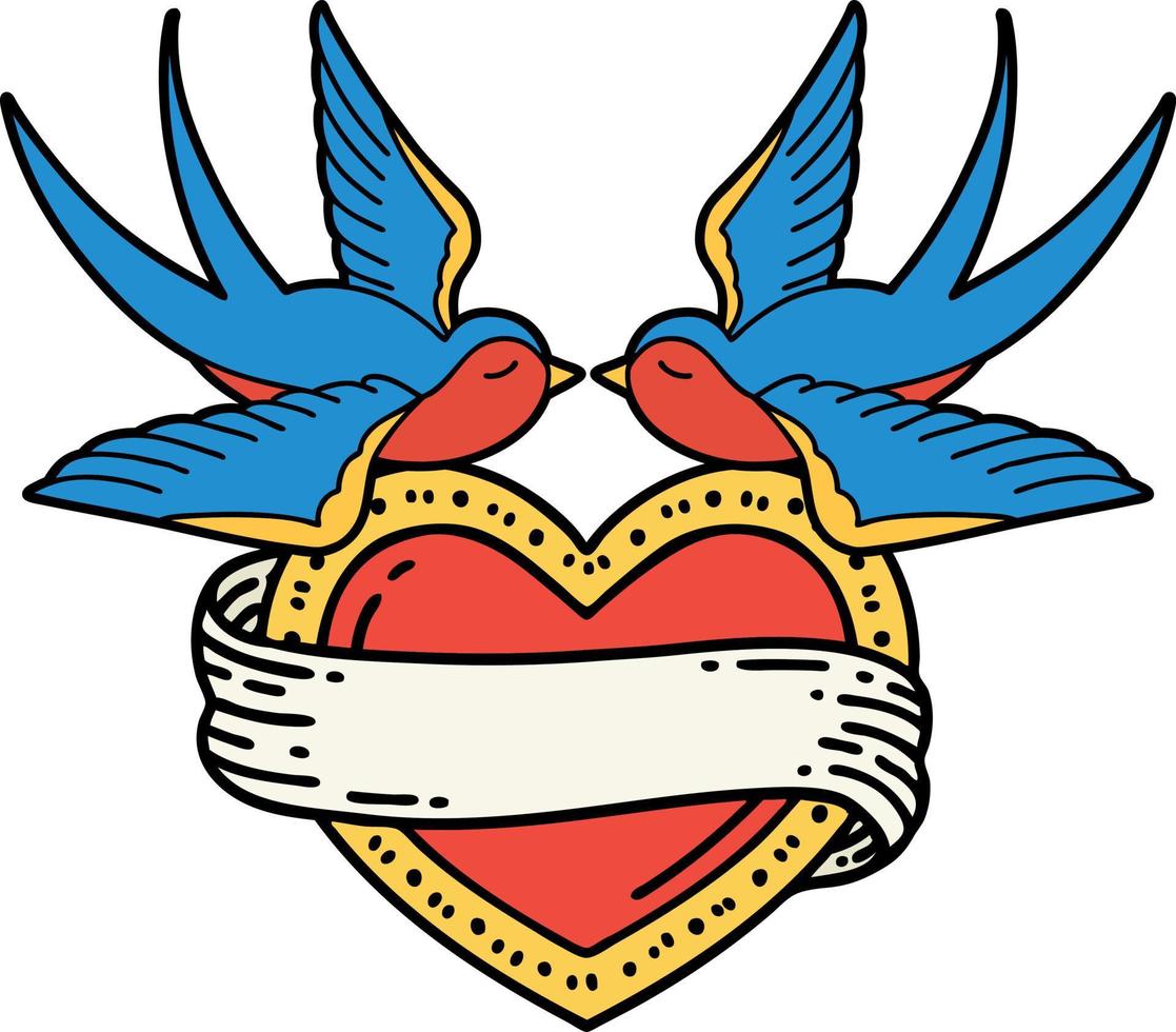 traditional tattoo of a swallows and a heart with banner vector