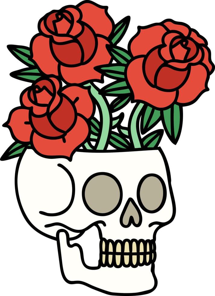 tatuaje tradicional de una calavera y rosas vector