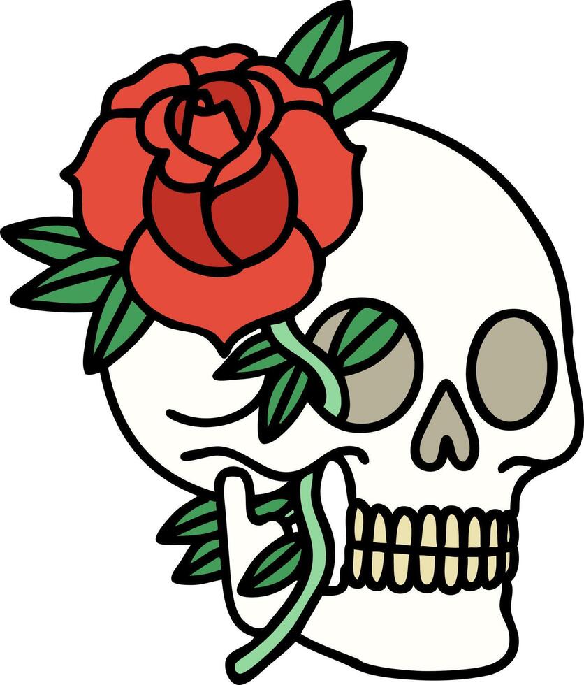 tatuaje tradicional de una calavera y una rosa vector