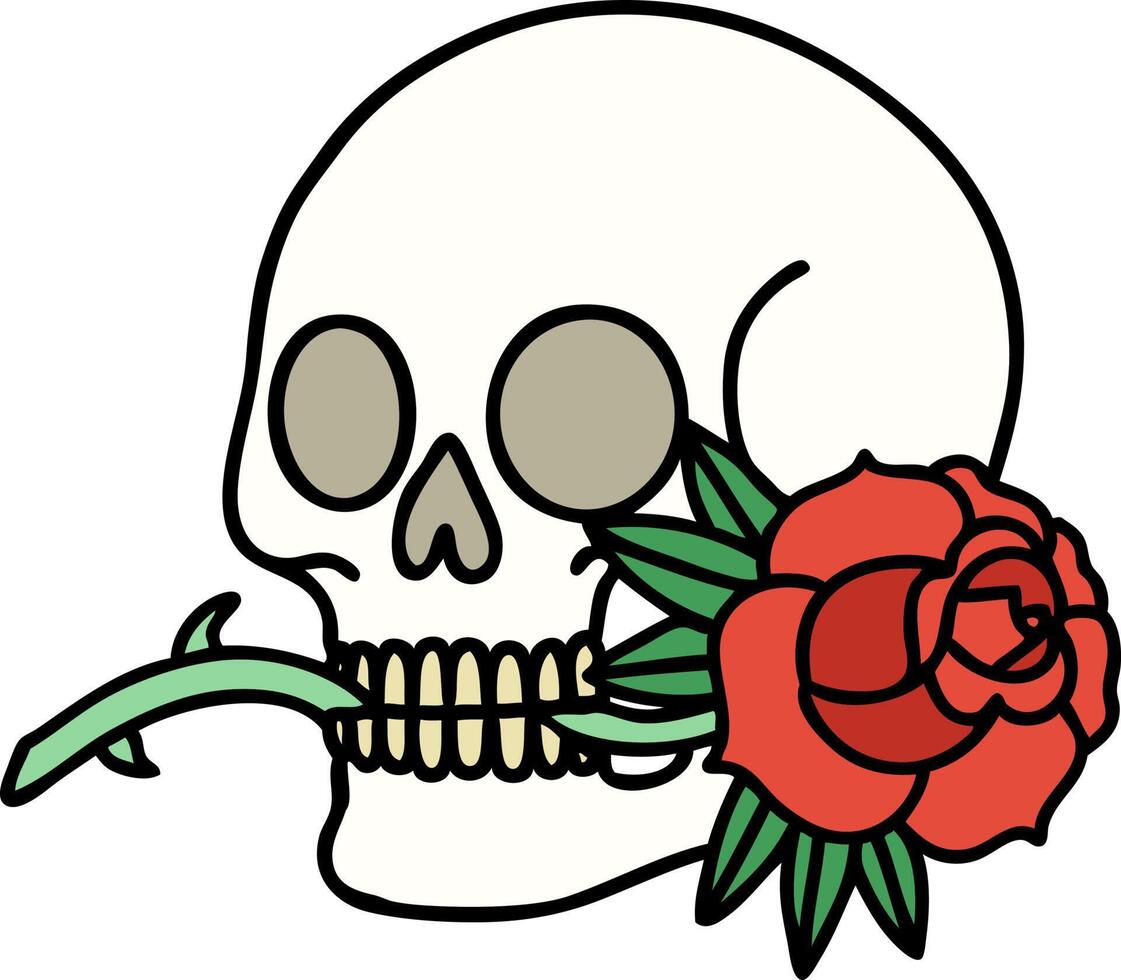 traditional tattoo of a skull and rose vector