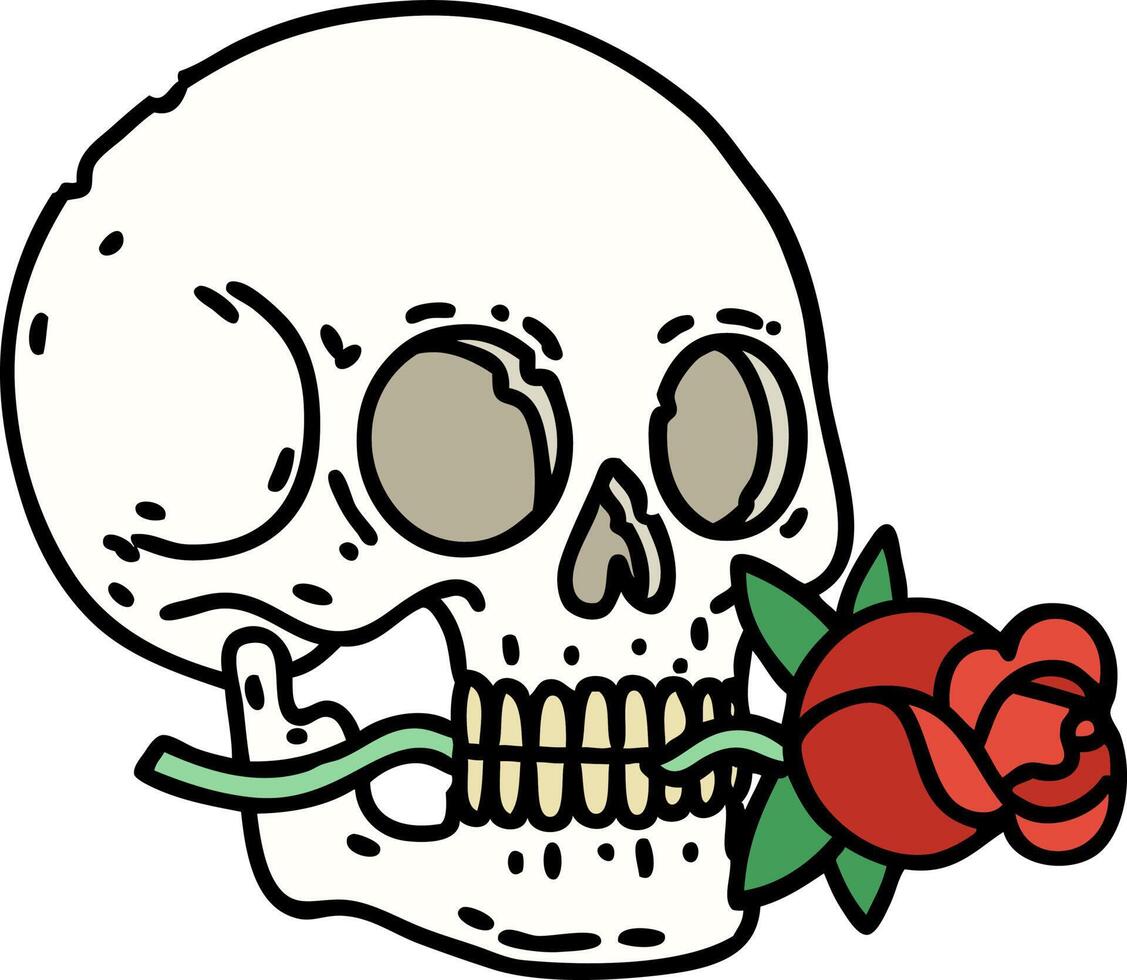 tatuaje tradicional de una calavera y una rosa vector