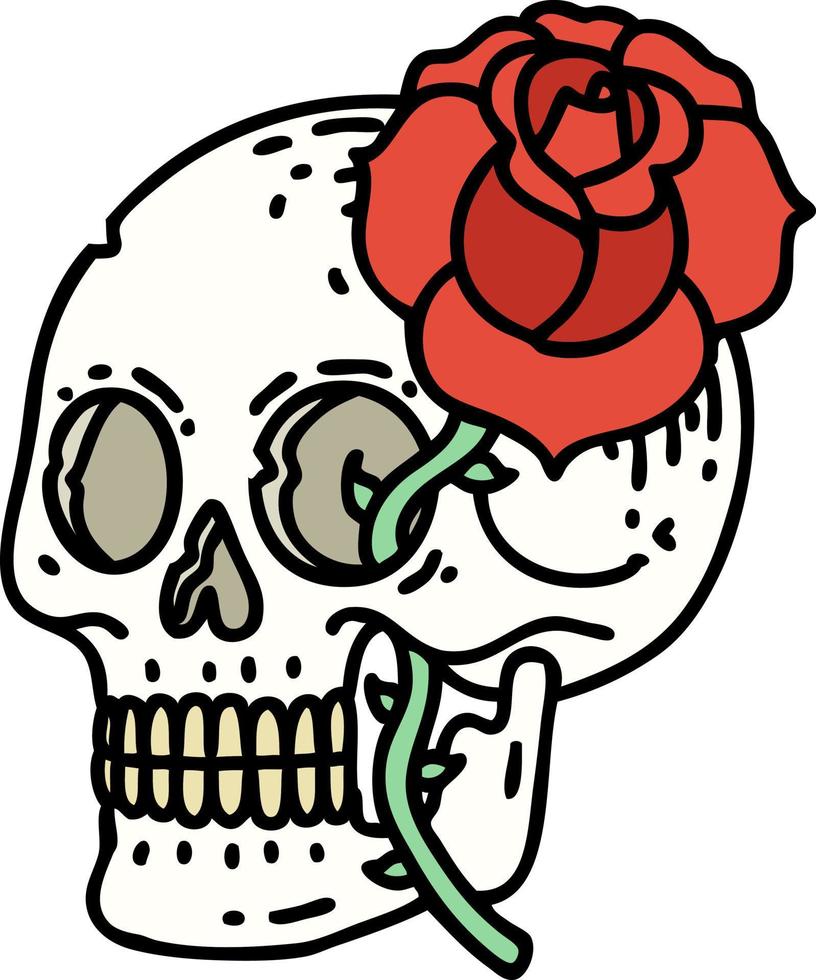 tatuaje tradicional de una calavera y una rosa vector