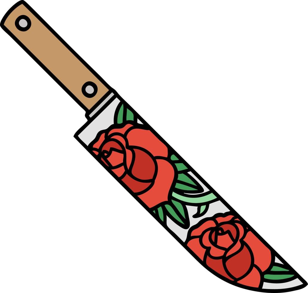 tatuaje tradicional de una daga y flores vector