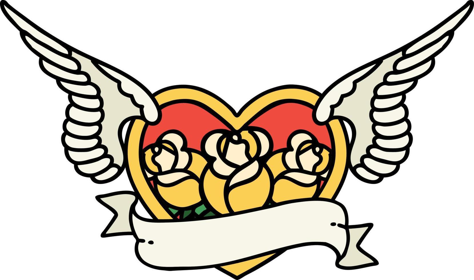 tatuaje tradicional de un corazón volador con flores y pancartas vector