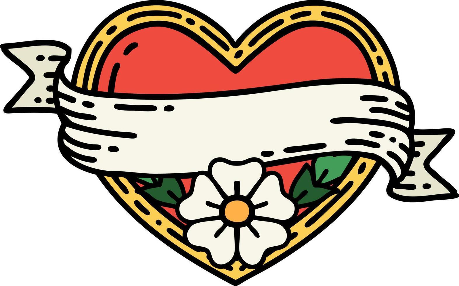 tatuaje tradicional de un corazón y pancarta con flores vector