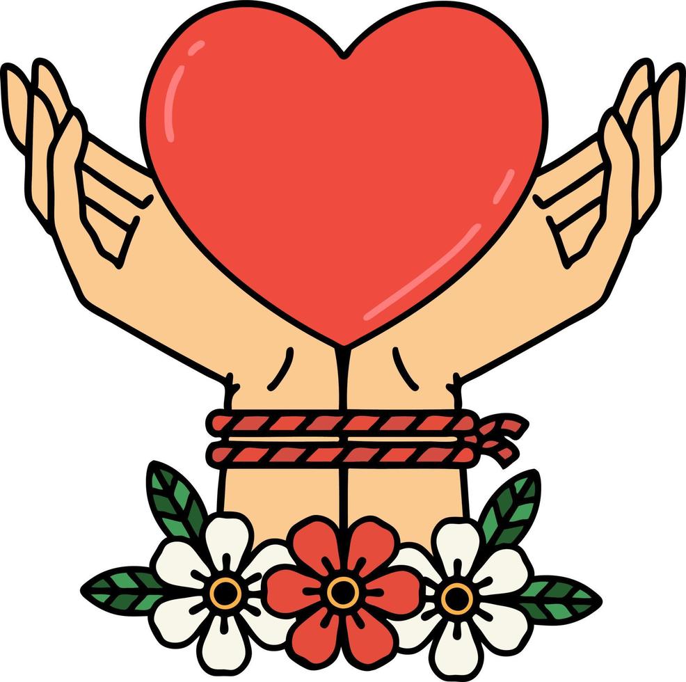 traditional tattoo of tied hands and a heart vector