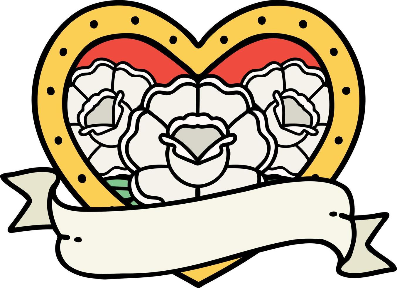 tatuaje tradicional de un corazón y pancarta con flores vector