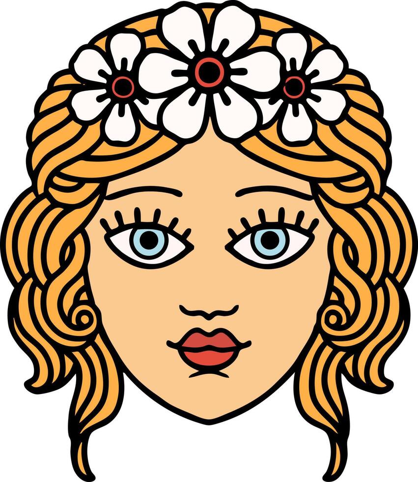 traditional tattoo of female face with crown of flowers vector