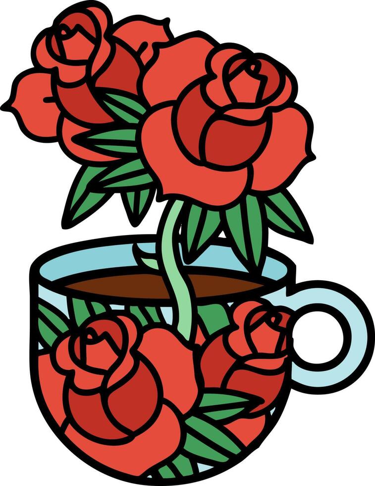 tatuaje tradicional de una taza y flores vector