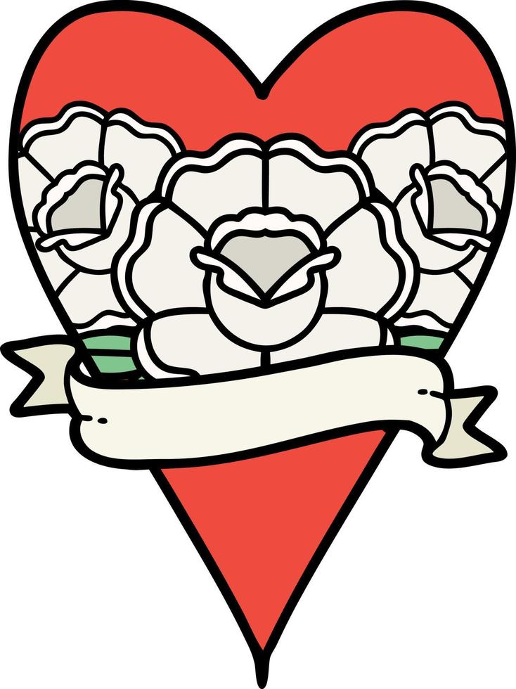 traditional tattoo of a heart and banner with flowers vector