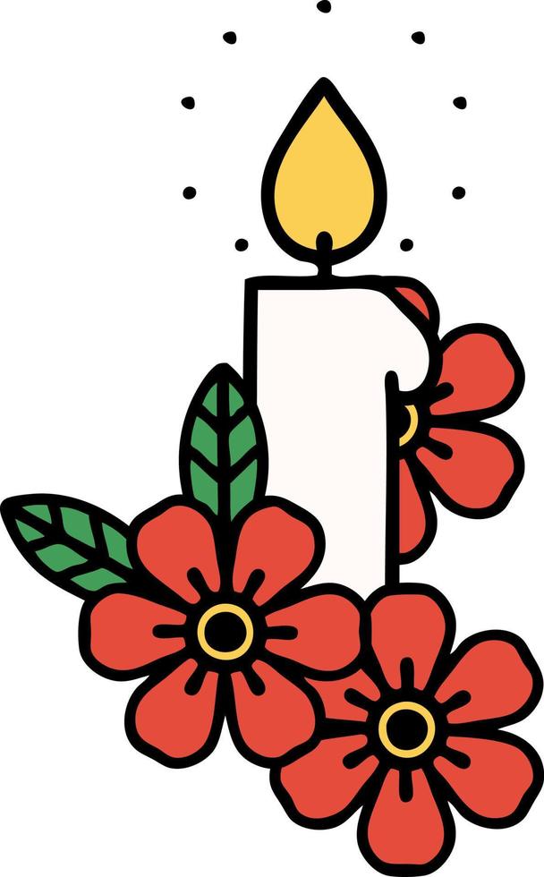 tatuaje tradicional de una vela y flores vector
