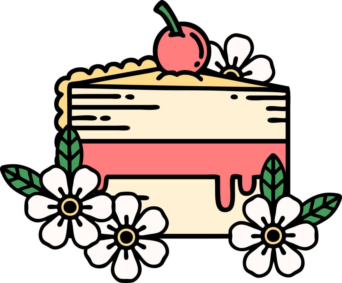 traditional tattoo of a slice of cake and flowers vector