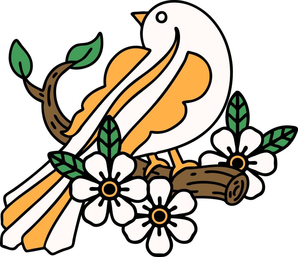 traditional tattoo of a bird on a branch vector