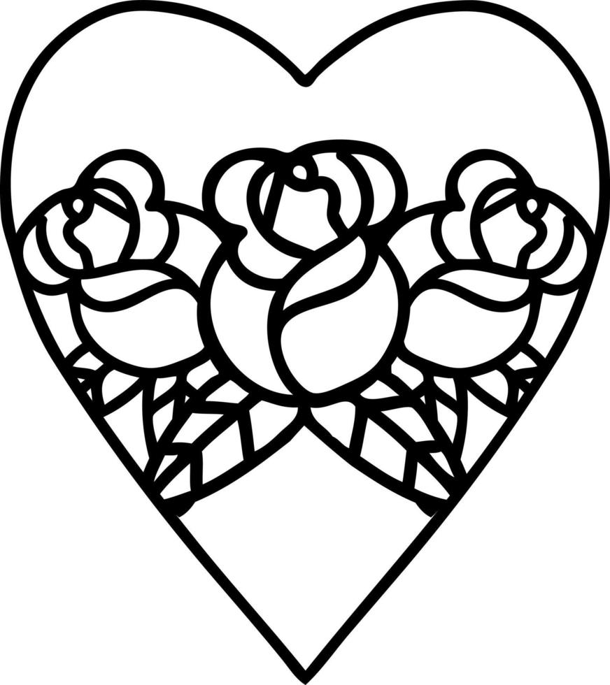 black line tattoo of a heart and flowers vector