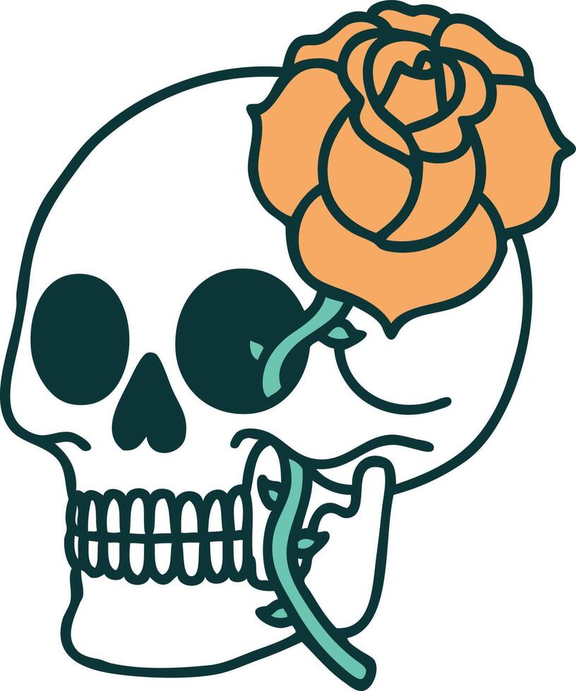 icono de estilo tatuaje de una calavera y una rosa vector