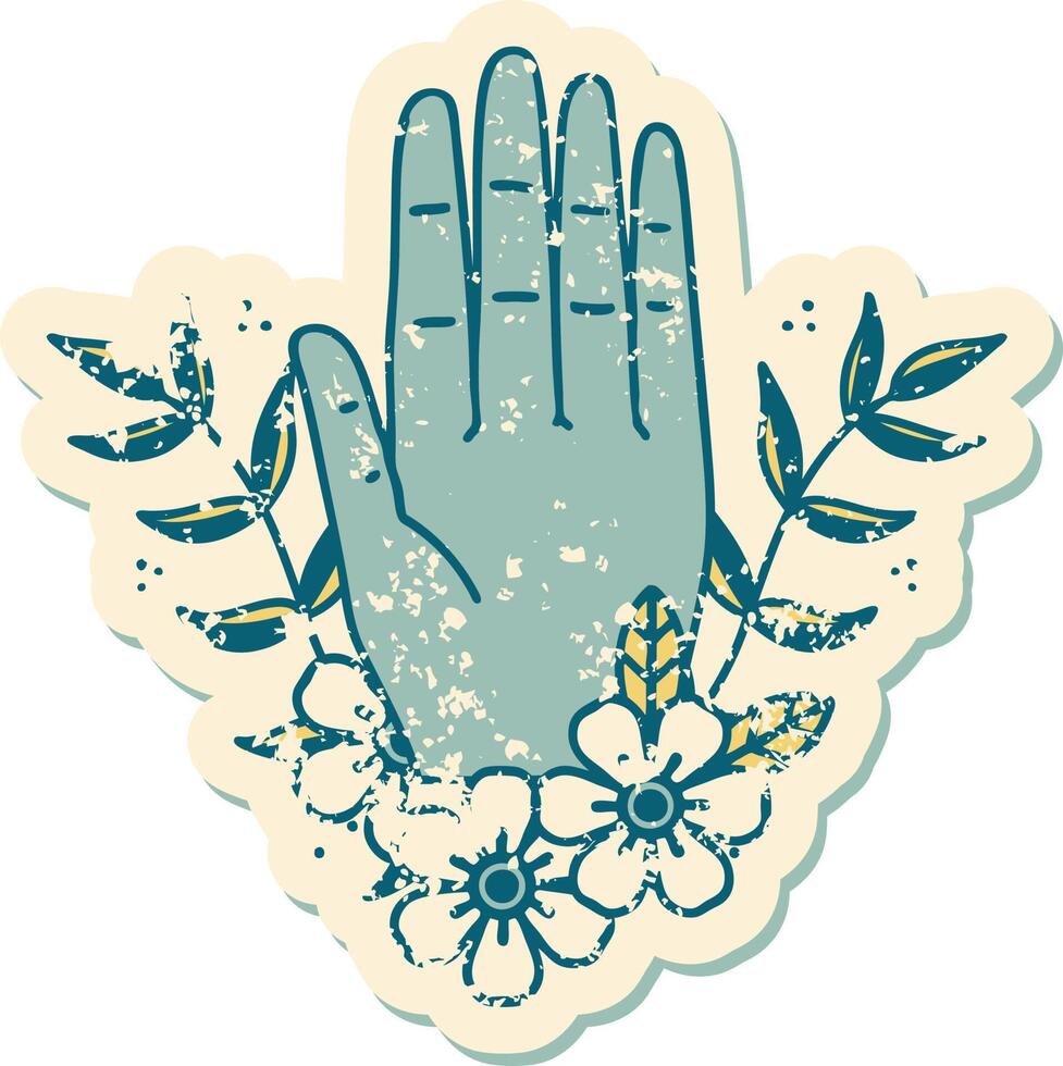 distressed sticker tattoo style icon of a hand and flower vector