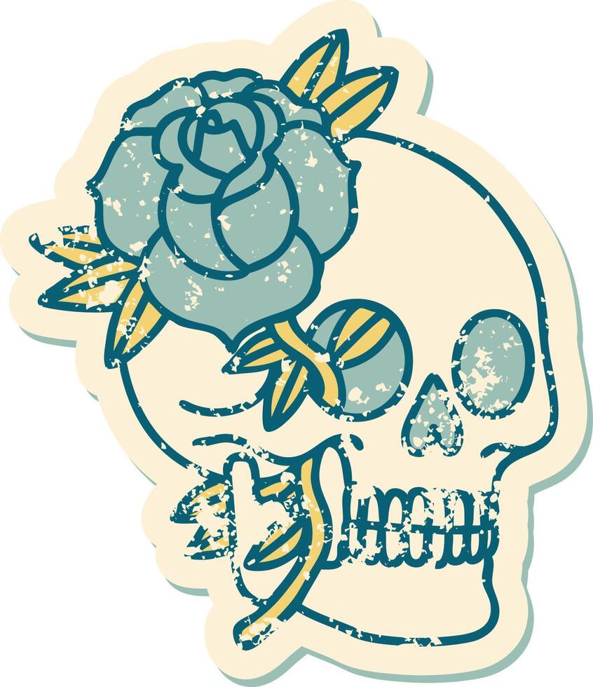 distressed sticker tattoo style icon of a skull and rose vector