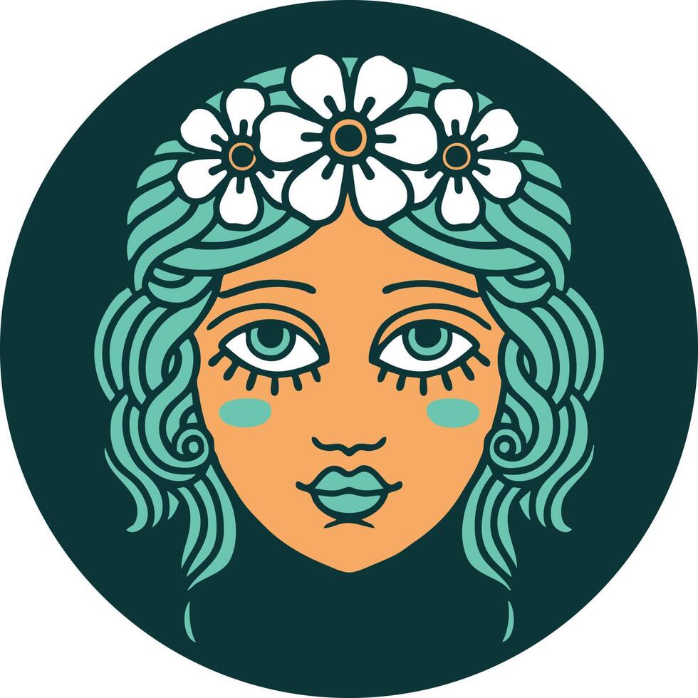 tattoo style icon of female face with crown of flowers vector