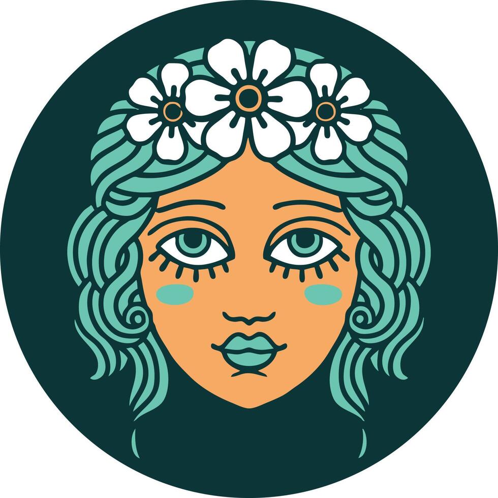 icono de estilo tatuaje de rostro femenino con corona de flores vector