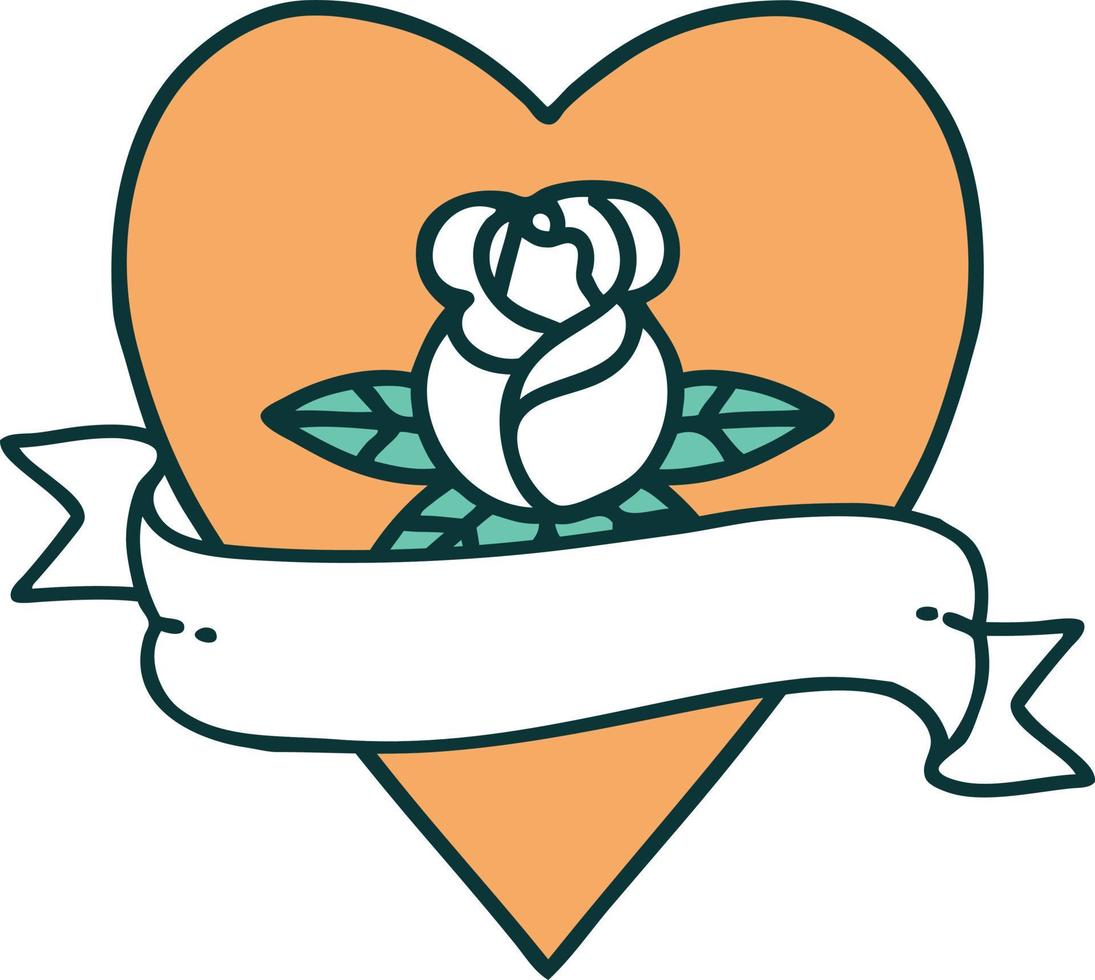 icono de estilo tatuaje de una rosa de corazón y pancarta vector