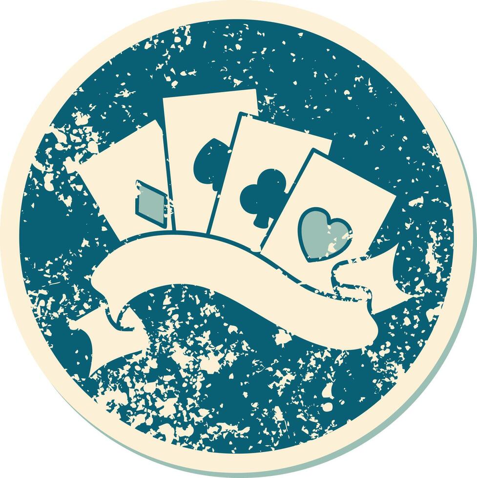 distressed sticker tattoo style icon of cards and banner vector