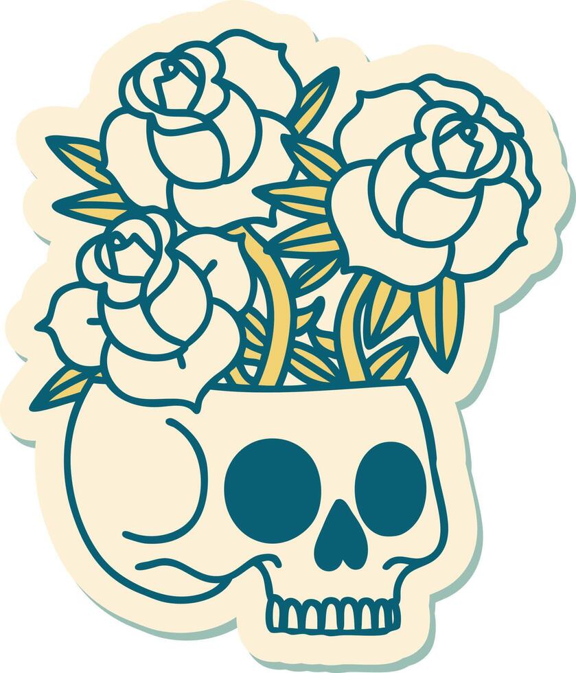 pegatina estilo tatuaje de una calavera y rosas vector