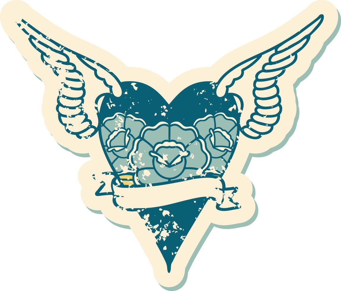 distressed sticker tattoo style icon of a flying heart with flowers and banner vector