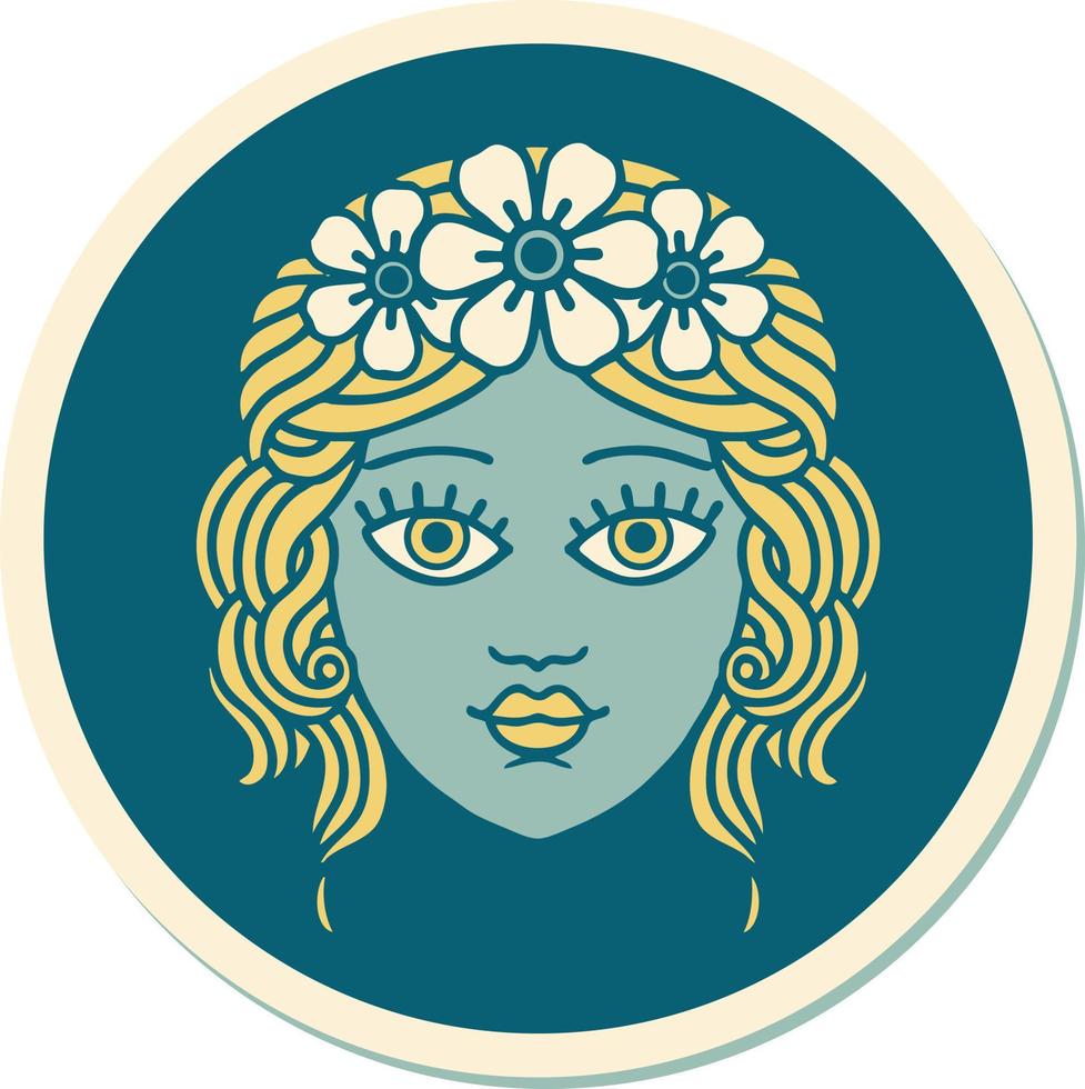 tattoo style sticker of female face with crown of flowers vector