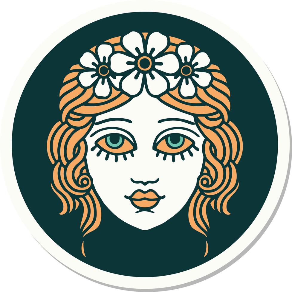 tattoo style sticker of female face with crown of flowers vector