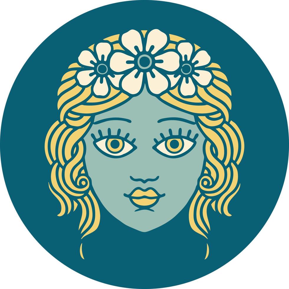 tattoo style icon of female face with crown of flowers vector