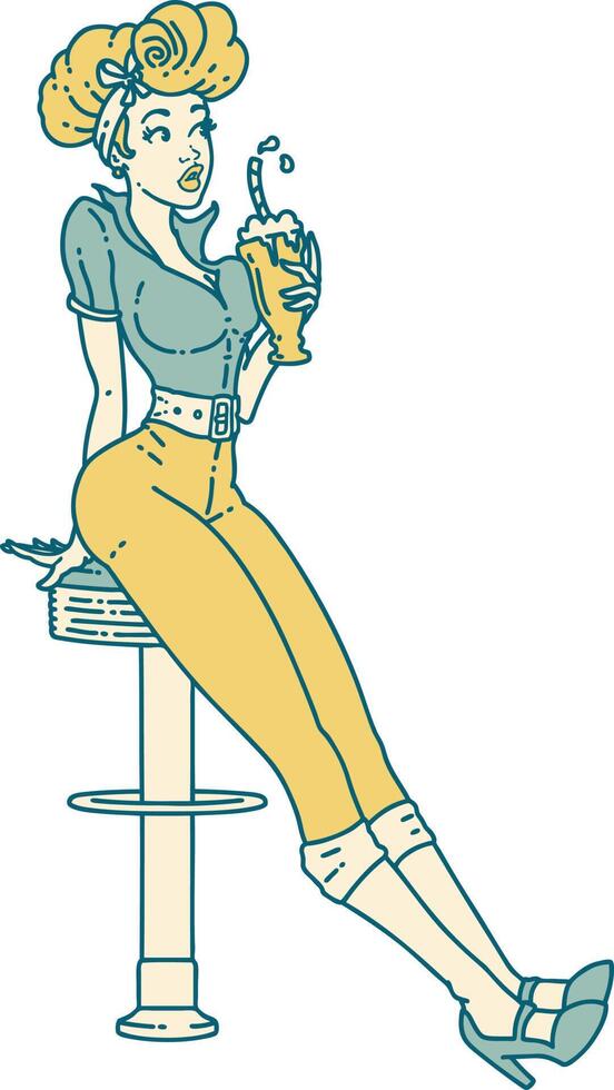 icono de estilo de tatuaje de una chica pinup bebiendo un batido vector