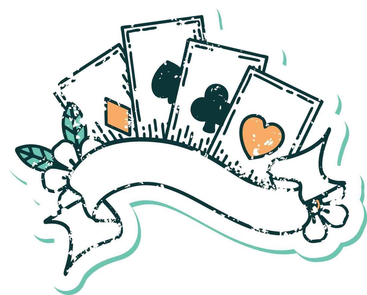 distressed sticker tattoo style icon of cards and banner vector