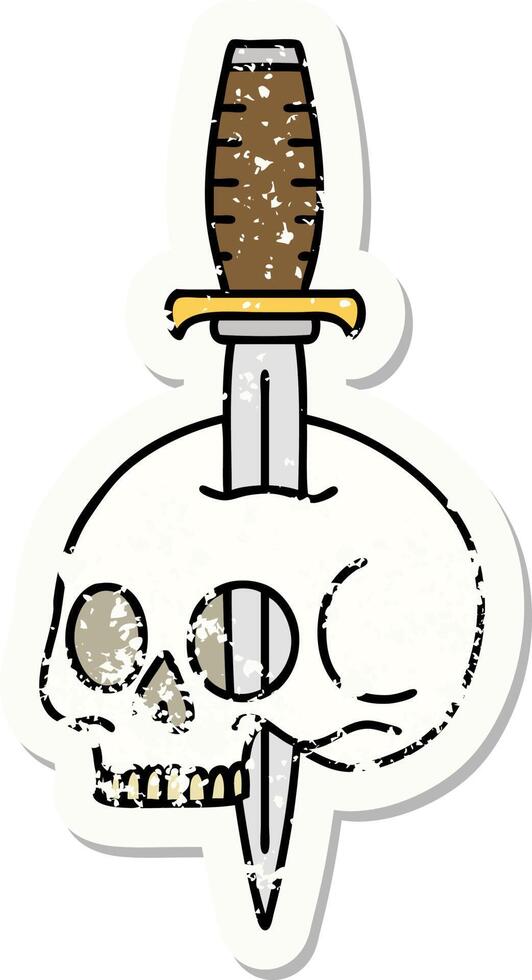 traditional distressed sticker tattoo of a skull and dagger vector