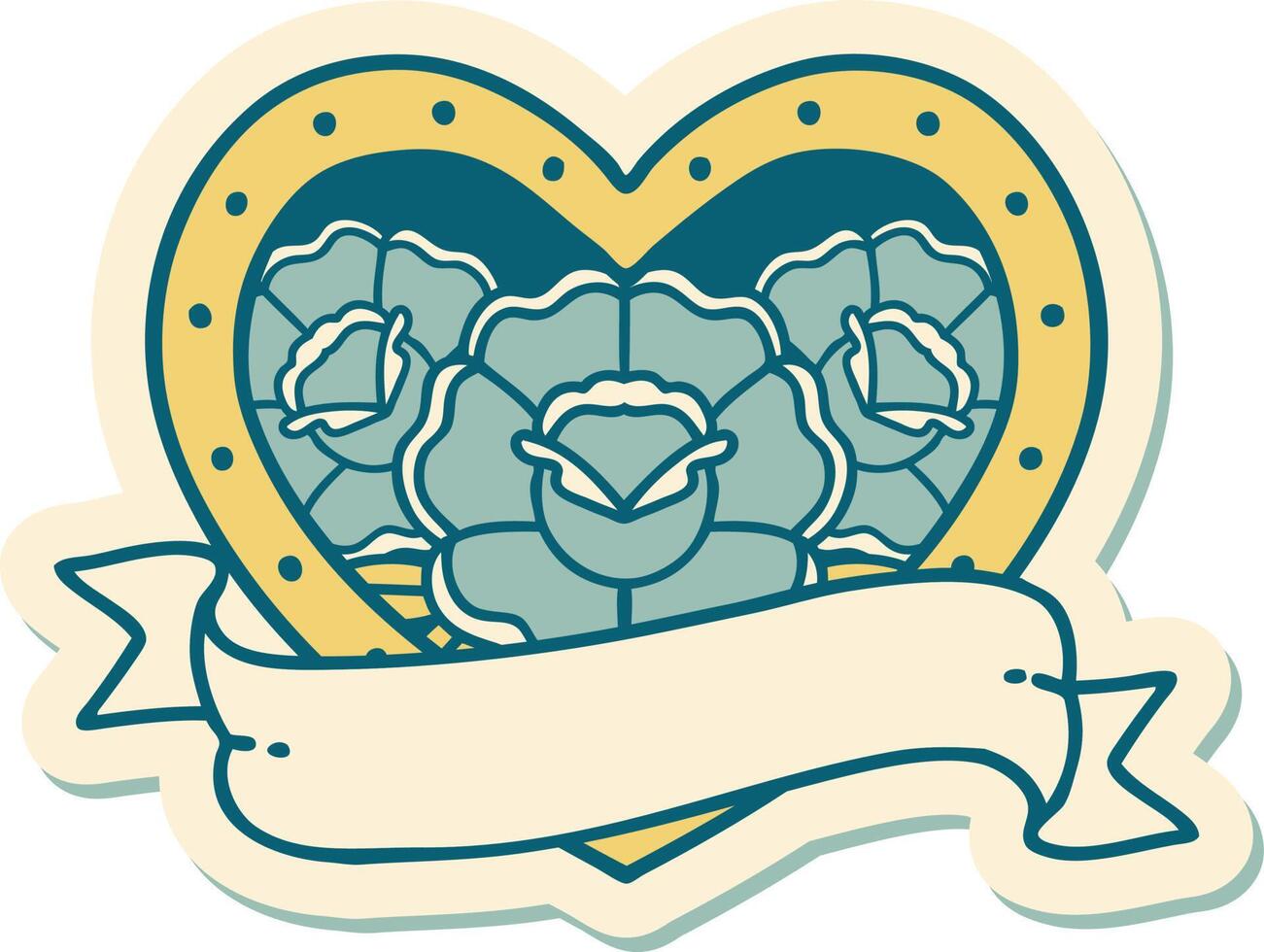 tattoo style sticker of a heart and banner with flowers vector