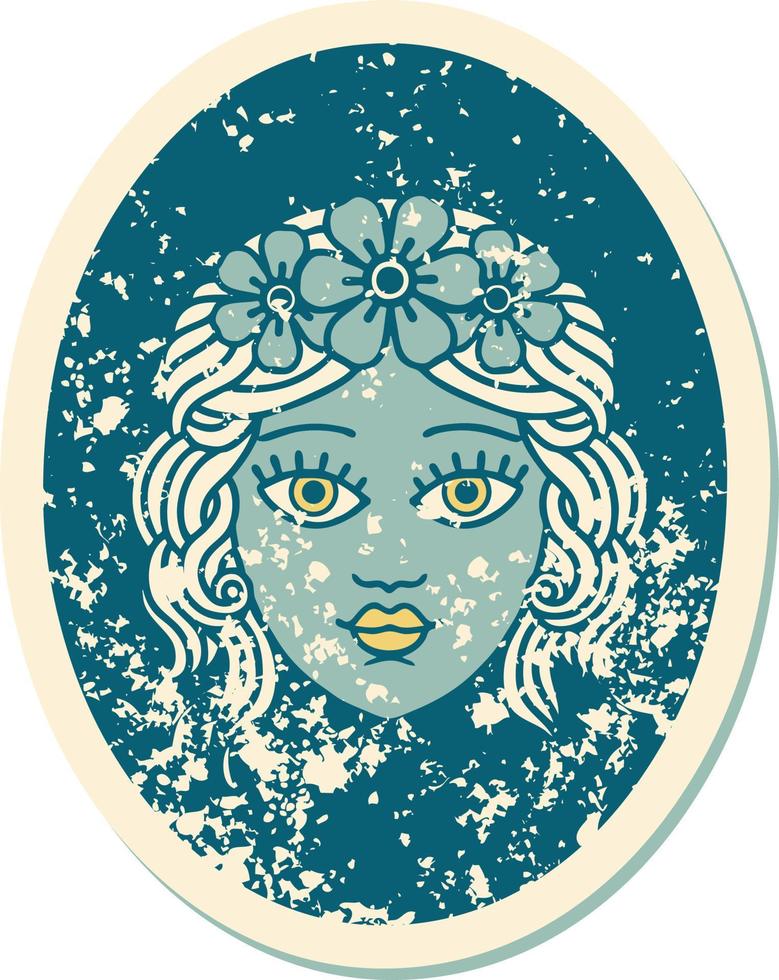 distressed sticker tattoo style icon of a maiden with crown of flowers vector