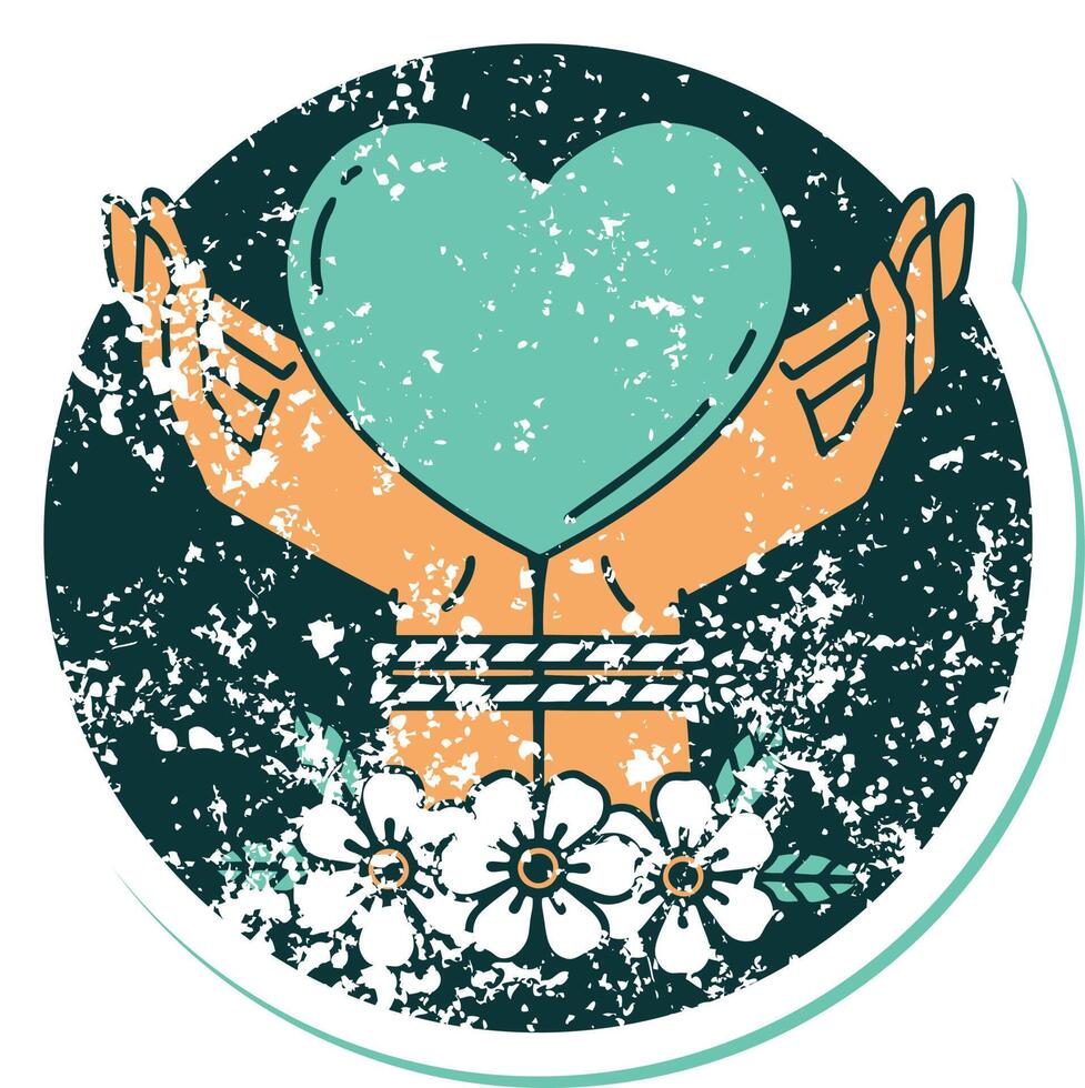 distressed sticker tattoo style icon of tied hands and a heart vector