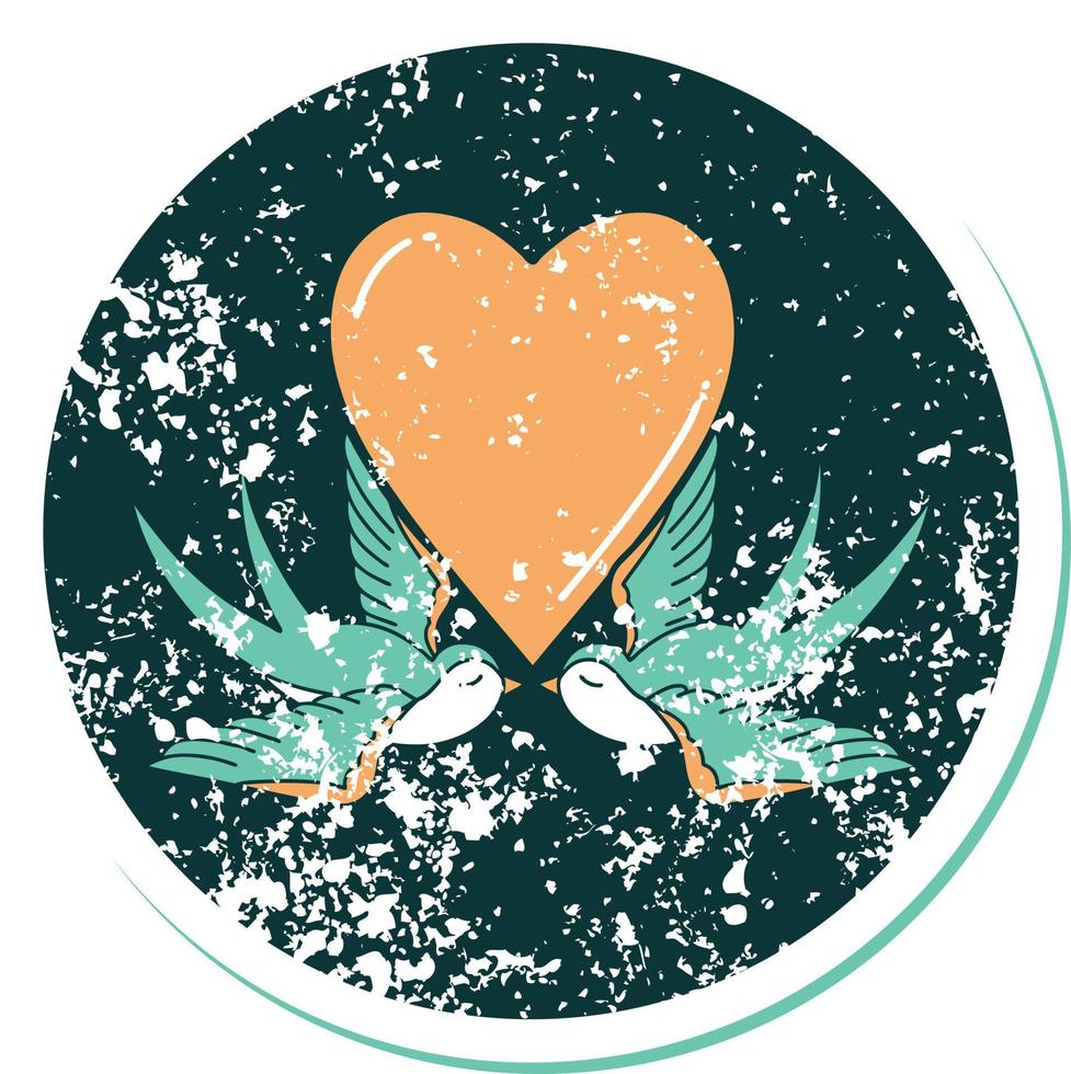 distressed sticker tattoo style icon of a swallows and a heart vector